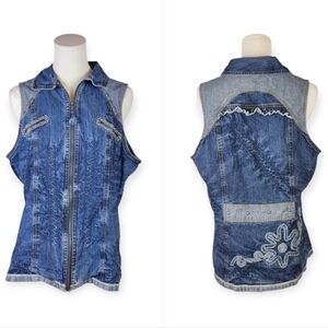 Bleu Bayou Embellished Denim Vest L Western Y2K Boho Rhinestone Zip Up